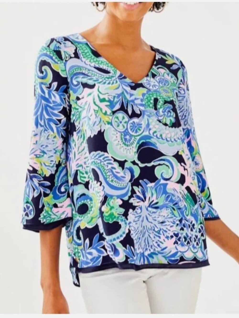 Lilly Pulitzer Florin Top 3/4 Sleeve V Neck Navy Sirens & Spirits Reversible M